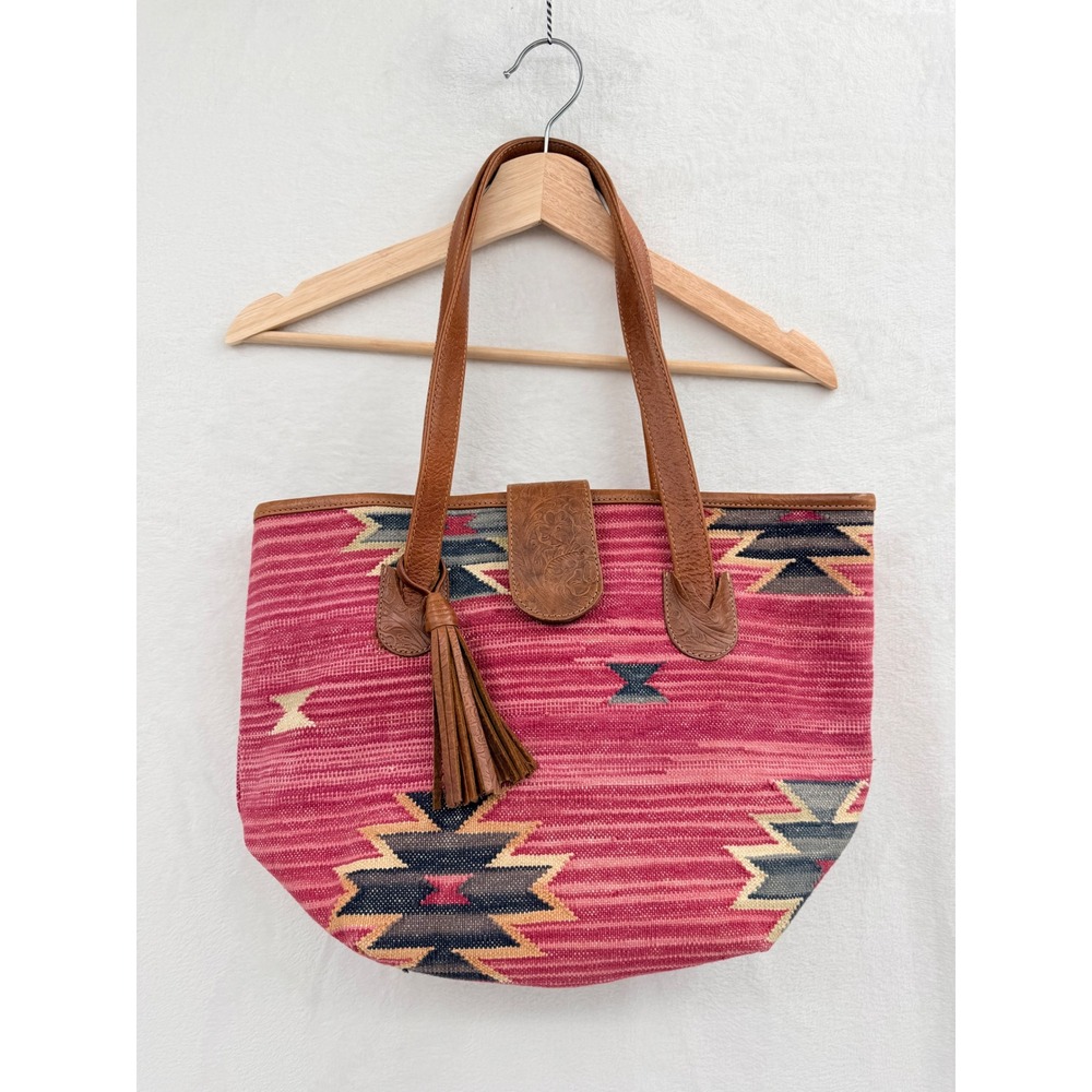 Southwestern Style Carry All Tote Bag Leather‎ Medium Size Boho Hippie Unbranded